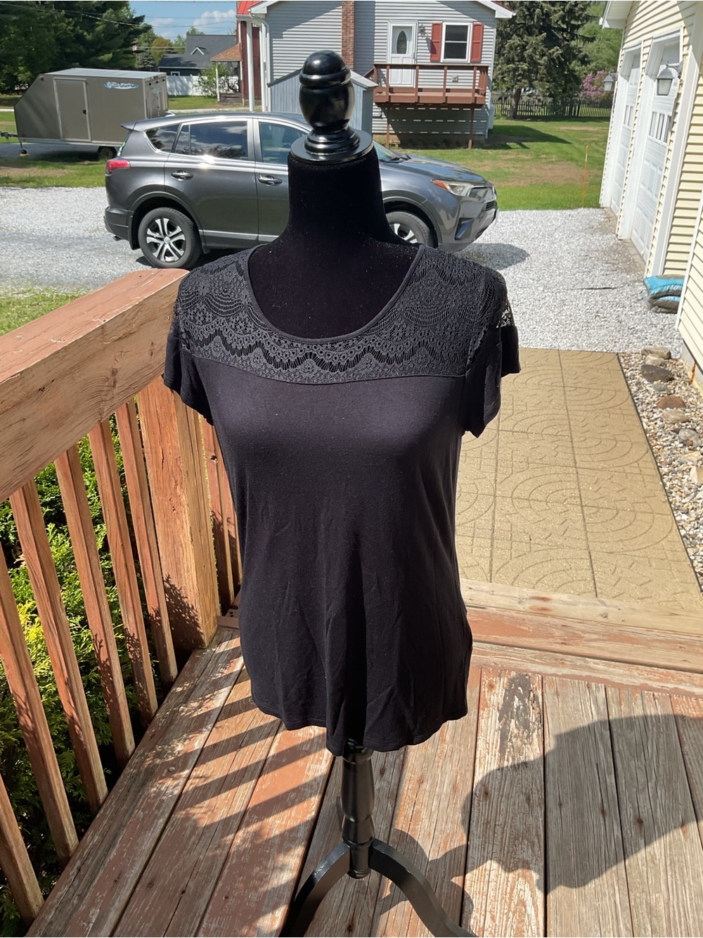 C&C California Black Short-Sleeve Tee with Lace Yoke